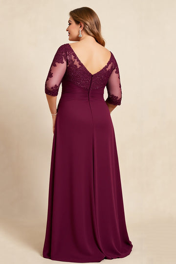 Burgundy V-Neck Chiffon Lace Ruffles Plus Size Mother of the Bride Dress